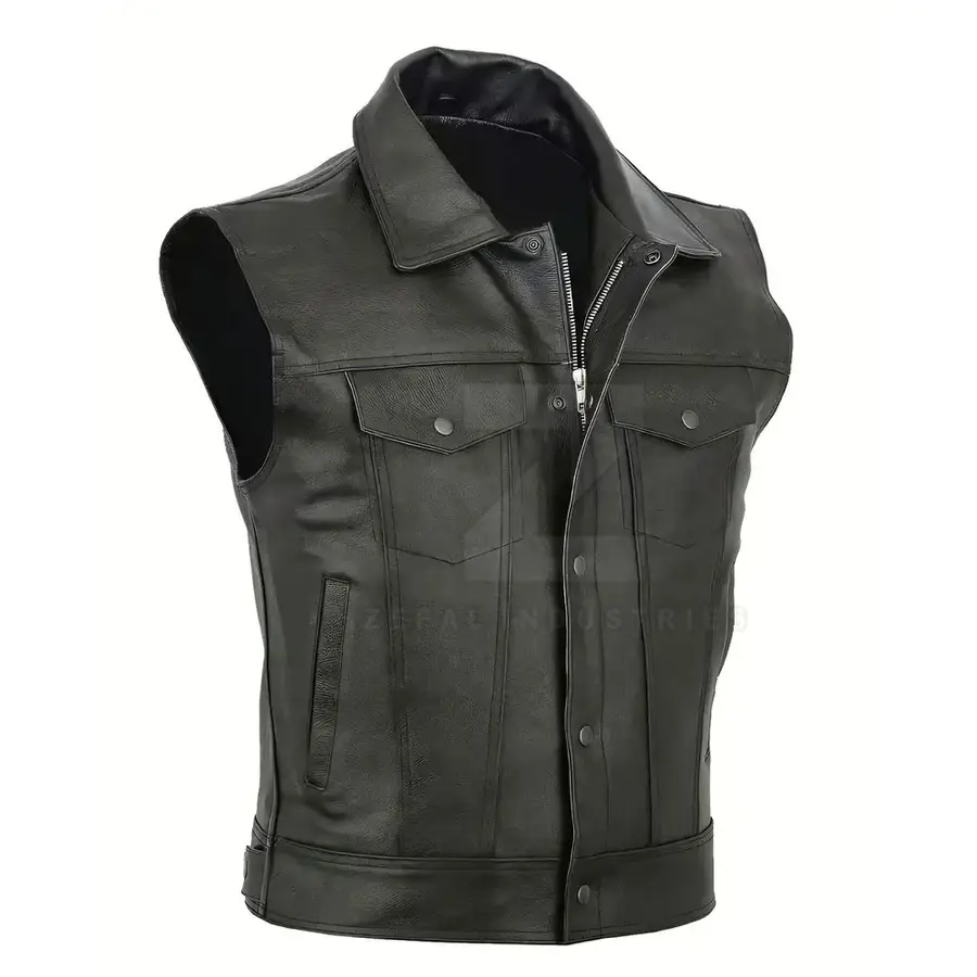 Sleeveless Breathable Casual Winter Men Leather Vest Outerwear Custom Color High Quality Lightweight V-neck for Sale — Zefal Industries product photograph 1 of 2