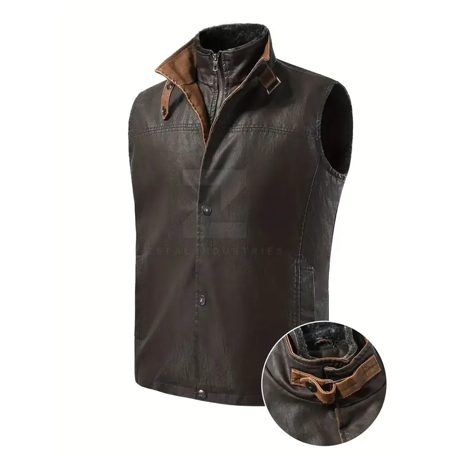 Breathable Winter Warm Men's Leather Vest V-neck Covered Button Closure Casual Outerwear High Quality 100% Polyester Filling — real Zefal Industries product photograph