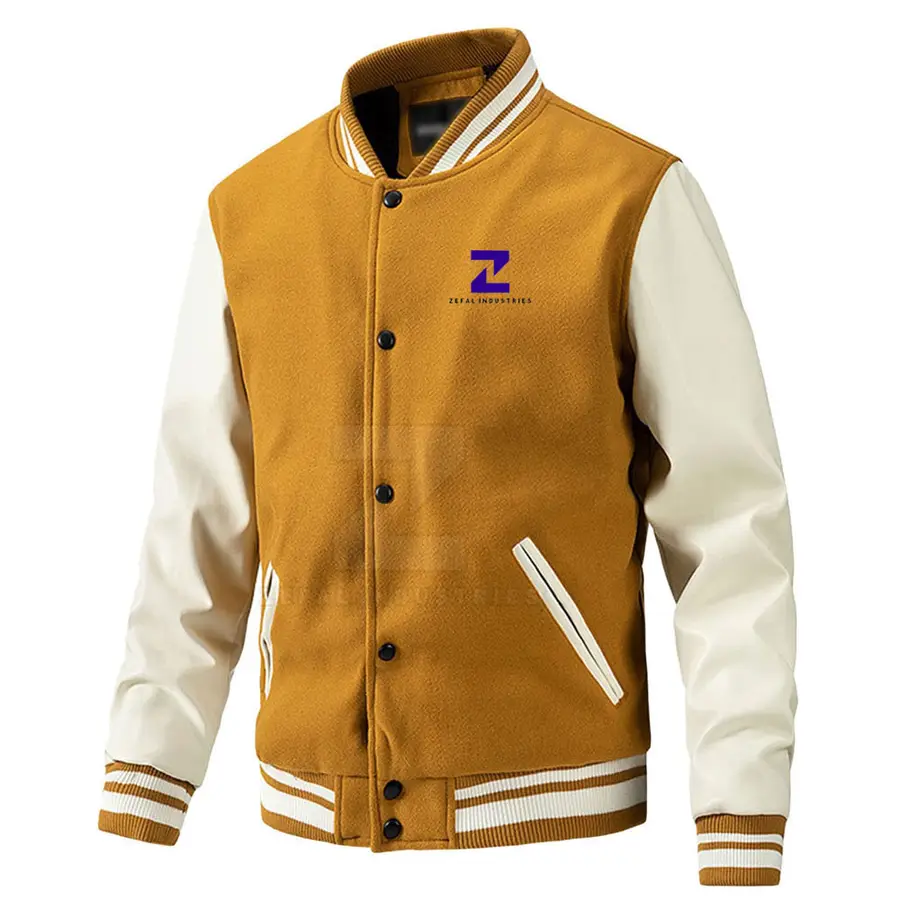 New Trendy Fashion 100% Cotton Letterman Jacket Custom Front Logo Stand Collar Breathable Eco-Friendly Men Winter — real Zefal Industries product photograph