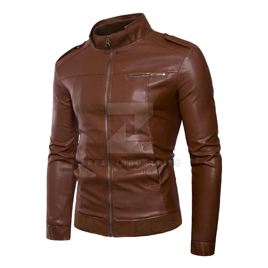 Fall Winter Men's Leather Jacket with Stand Collar and Front Logo High Quality Windproof & Waterproof — Zefal Industries product photograph 2 of 2