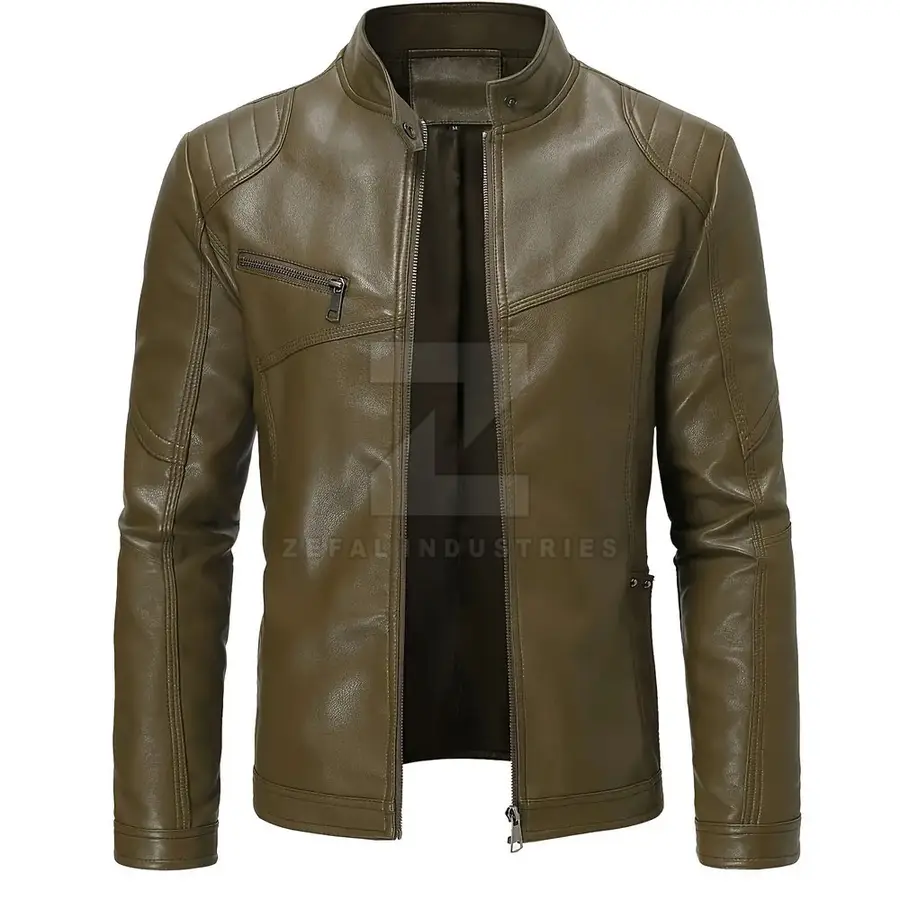 Men's Leather Winter Jacket High Quality Long Sleeve Streetwear Stand Collar Front Logo Waterproof Breathable Eco-Friendly — Zefal Industries product photograph 1 of 2