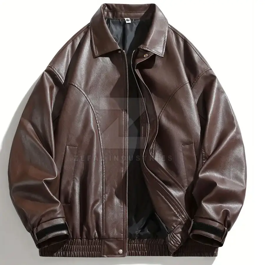 Custom Brown Solid Color Men's Leather Jacket Stand Front Waterproof Breathable Eco-Friendly Windproof High Quality OEM Winter — Zefal Industries product photograph 1 of 2