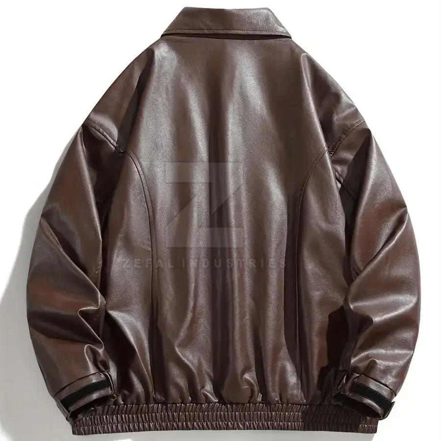 Custom Brown Solid Color Men's Leather Jacket Stand Front Waterproof Breathable Eco-Friendly Windproof High Quality OEM Winter — Zefal Industries product photograph 2 of 2
