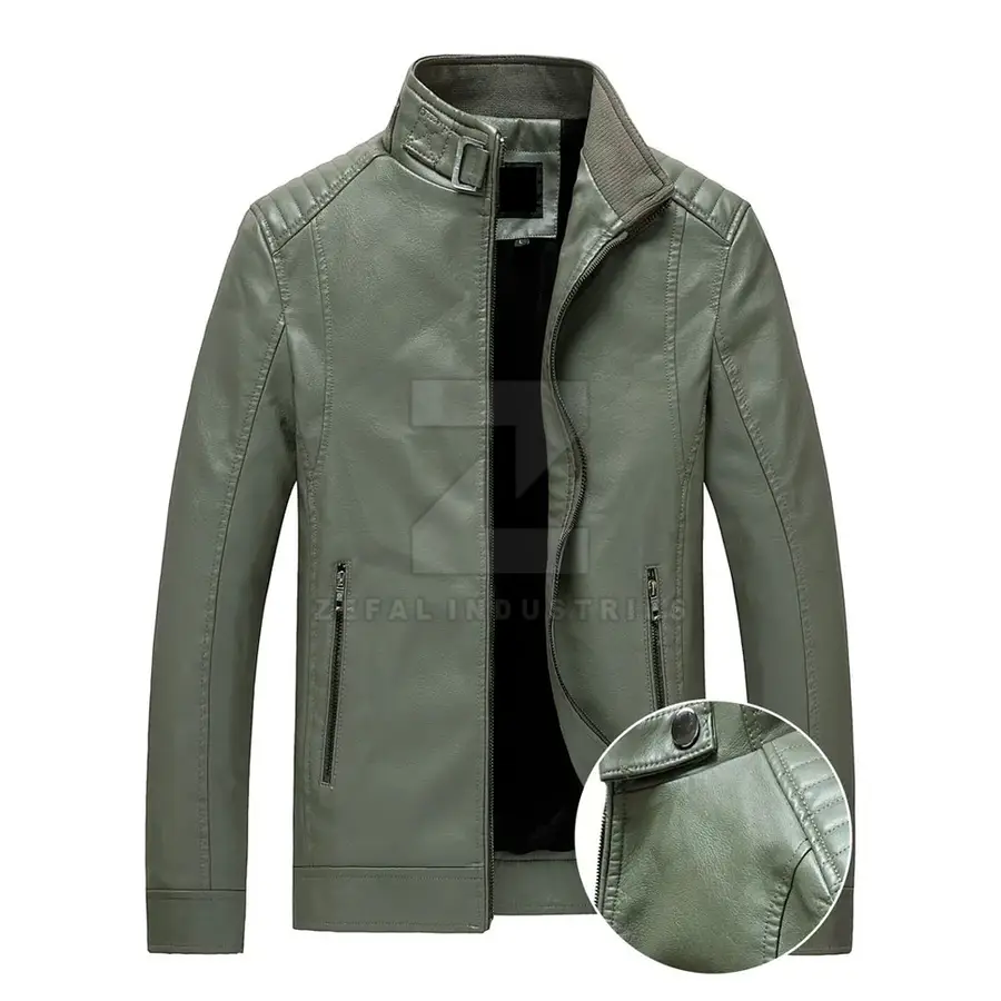 Men's Leather Winter Jacket Custom Color Plus Size Eco-Friendly Waterproof Breathable Windproof Stand Collar Front — Zefal Industries product photograph 2 of 2