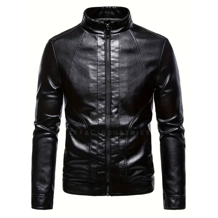 New Winter Fashion Design Custom Stand Collar Front Logo Men Leather Jacket Breathable Windproof Waterproof Eco-Friendly Casual — Zefal Industries product photograph 1 of 2