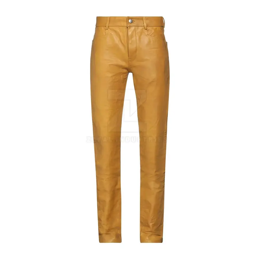 Premium Men Leather Pants Customized Logo Dark Wash Mid Waist Button Closure Lightweight Breathable Winter Casual Party Wear — Zefal Industries product photograph 1 of 2