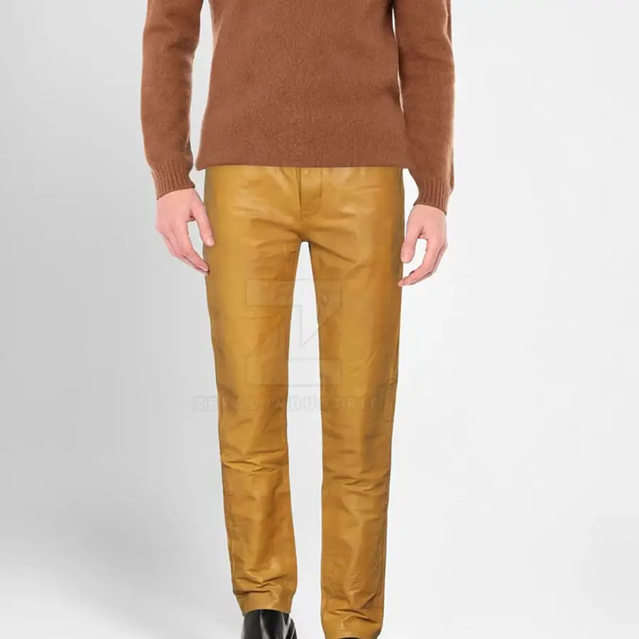 Premium Men Leather Pants Customized Logo Dark Wash Mid Waist Button Closure Lightweight Breathable Winter Casual Party Wear — Zefal Industries product photograph 2 of 2
