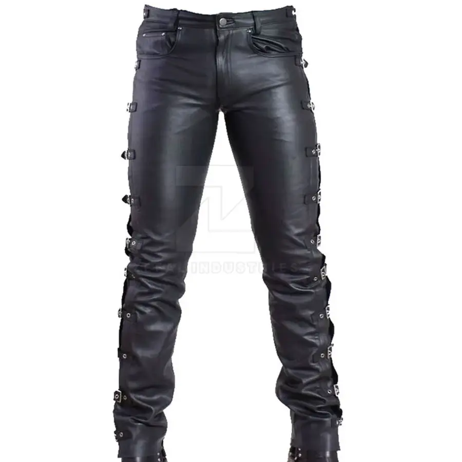 Men's Lightweight Breathable Casual Leather Pants Mid Waist Dark High Shine Finish Button Closure Customized Logo Winter Fashion — Zefal Industries product photograph 1 of 2