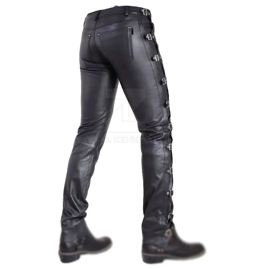 Men's Lightweight Breathable Casual Leather Pants Mid Waist Dark High Shine Finish Button Closure Customized Logo Winter Fashion — Zefal Industries product photograph 2 of 2